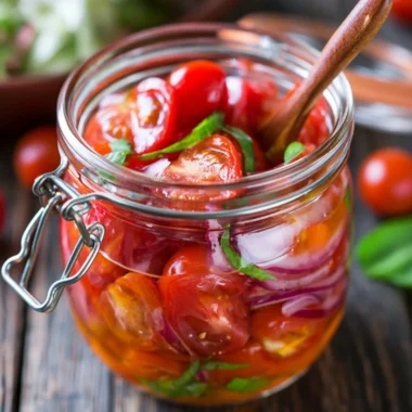 A bowl of marinated cherry tomatoes with fresh herbs and seasonings