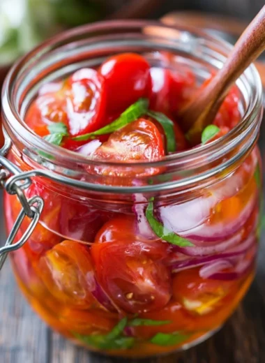 A bowl of marinated cherry tomatoes with fresh herbs and seasonings