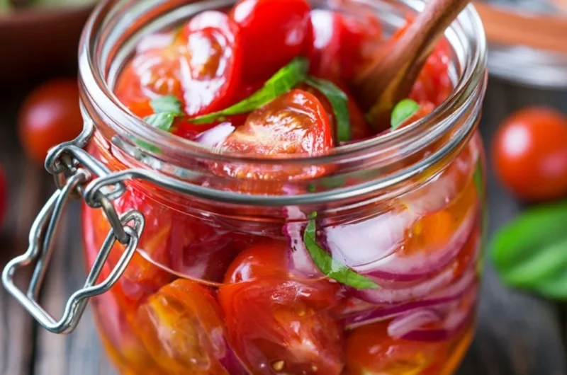 A bowl of marinated cherry tomatoes with fresh herbs and seasonings