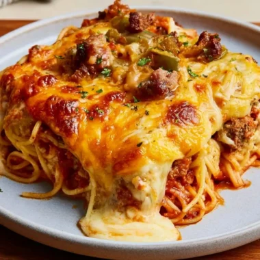 Delicious Million Dollar Spaghetti served in a bowl with fresh herbs
