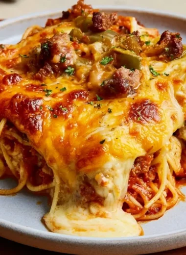 Delicious Million Dollar Spaghetti served in a bowl with fresh herbs