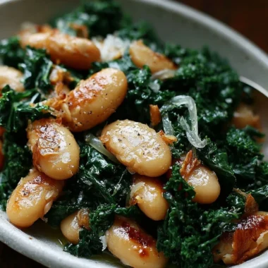 A plate of pan-fried beans with kale, showcasing vibrant colors and healthy ingredients.