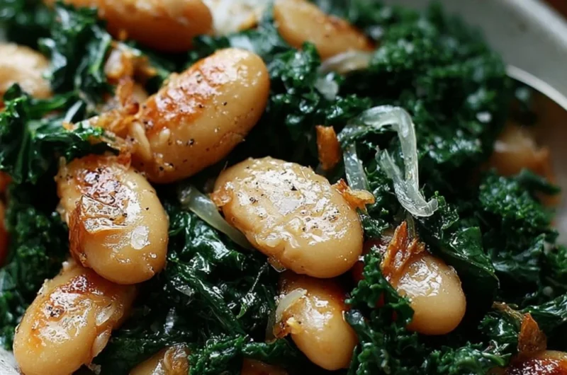 A plate of pan-fried beans with kale, showcasing vibrant colors and healthy ingredients.