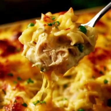 Pioneer Woman chicken noodle casserole served in a bowl