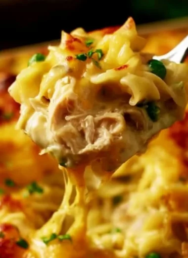 Pioneer Woman chicken noodle casserole served in a bowl