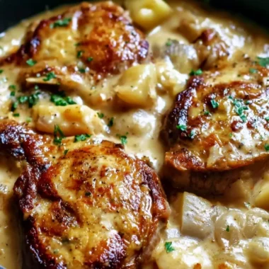 Smothered pork chop and scalloped potato casserole ready to serve.