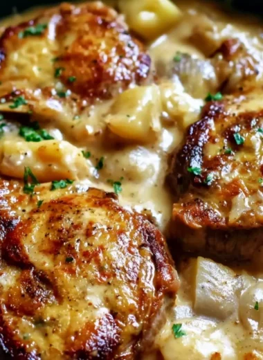 Smothered pork chop and scalloped potato casserole ready to serve.
