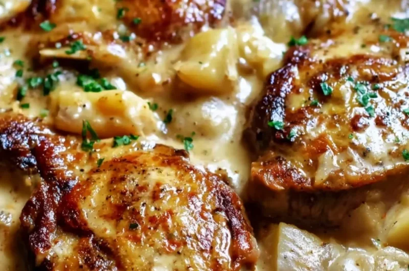 Smothered pork chop and scalloped potato casserole ready to serve.