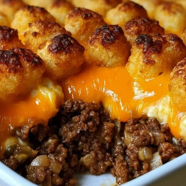 Delicious tater tot casserole topped with ground beef and melted cheese