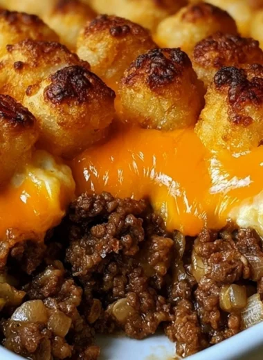 Delicious tater tot casserole topped with ground beef and melted cheese