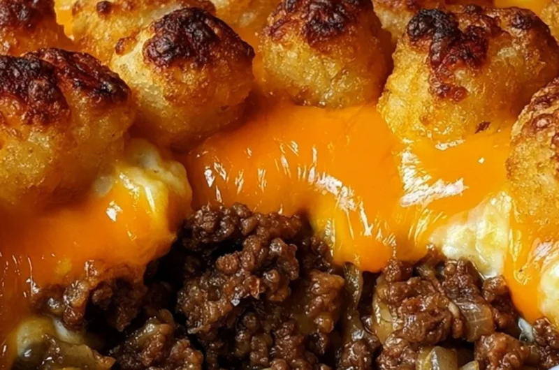 Delicious tater tot casserole topped with ground beef and melted cheese