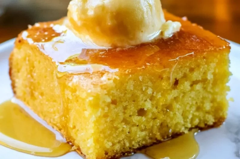 Deliciously moist cornbread baked to perfection, topped with honey and served warm.