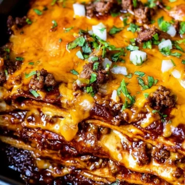 Cheesy Beef Enchilada Casserole with ground beef, cheese, and red enchilada sauce