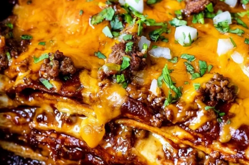 Cheesy Beef Enchilada Casserole with ground beef, cheese, and red enchilada sauce