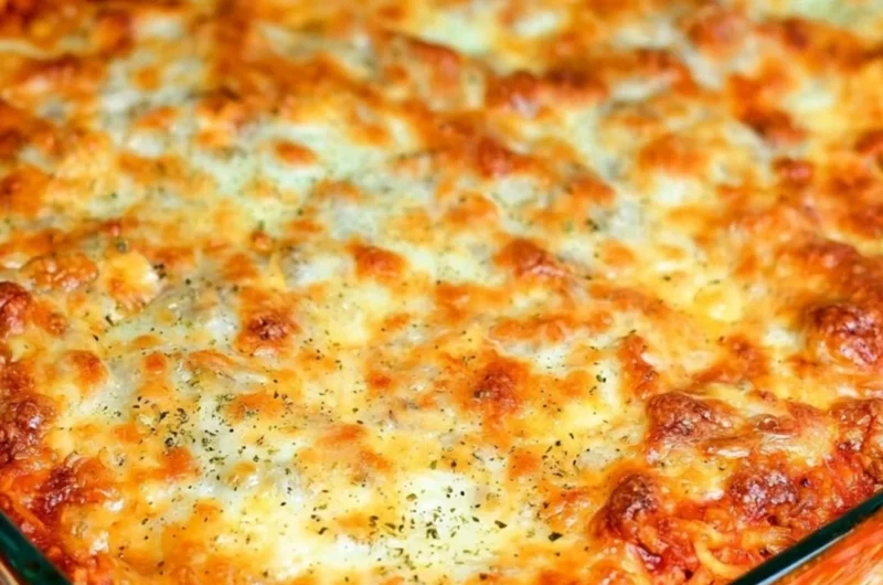 Delicious Ultimate Baked Spaghetti topped with cheese and herbs