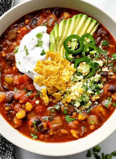 Bowl of Vegan Black Bean Chili garnished with cilantro and served with cornbread.
