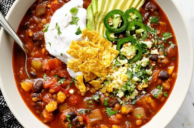 Bowl of Vegan Black Bean Chili garnished with cilantro and served with cornbread.