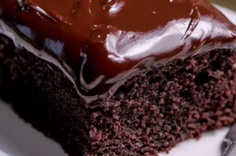 Wacky Chocolate Cake topped with sprinkles and chocolate drizzle on a rustic plate.