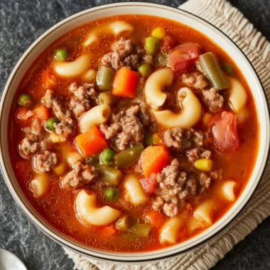A warm bowl of Busy Day Soup with fresh vegetables and herbs
