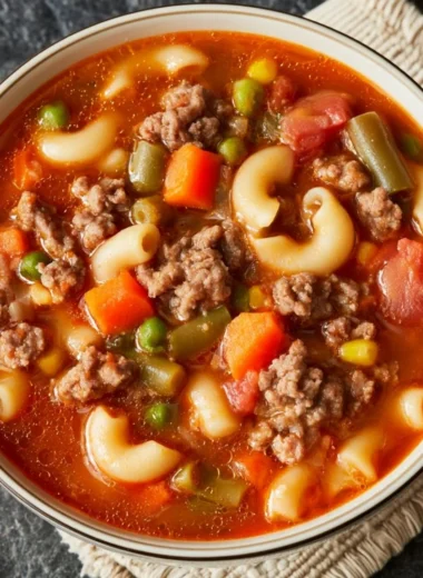 A warm bowl of Busy Day Soup with fresh vegetables and herbs