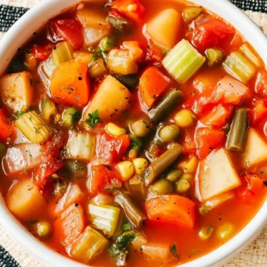 A bowl of hearty vegetable soup with fresh vegetables and herbs on a rustic table.