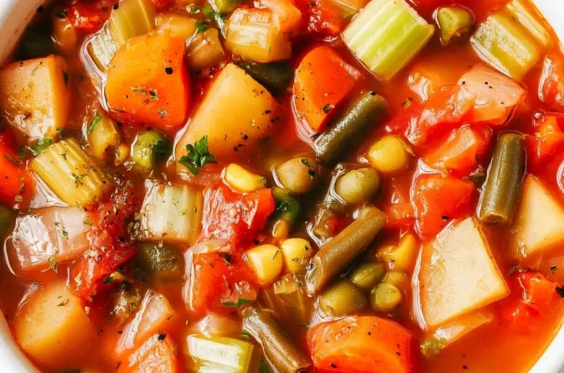 A bowl of hearty vegetable soup with fresh vegetables and herbs on a rustic table.