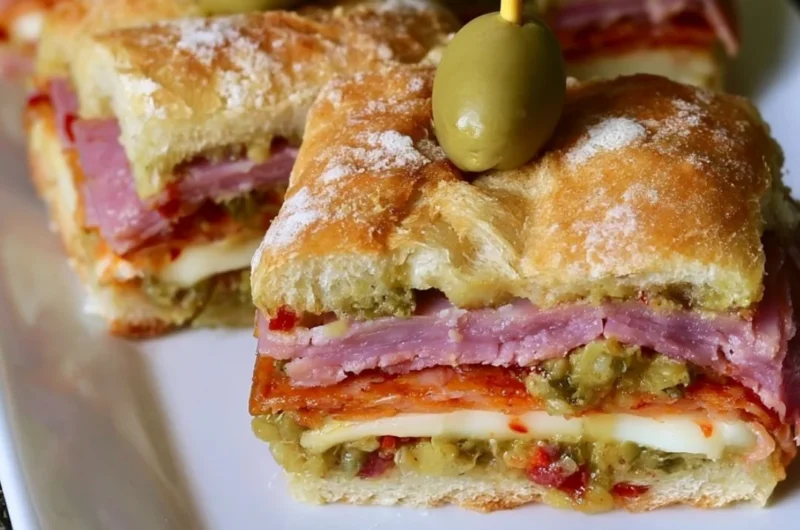 Delicious New Orleans style muffaletta sandwich bites on a platter