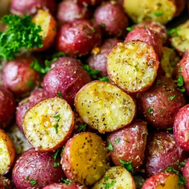 Crispy roasted red potatoes served on a plate with herbs