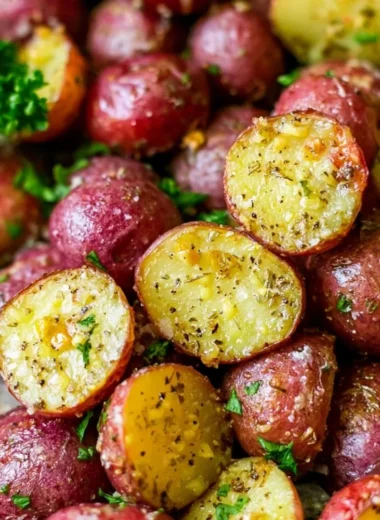 Crispy roasted red potatoes served on a plate with herbs