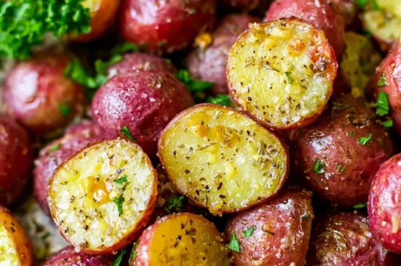 Crispy roasted red potatoes served on a plate with herbs
