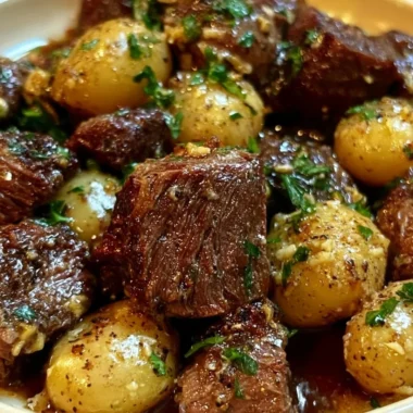 Delicious slow cooker garlic butter beef bites with potatoes in a savory sauce