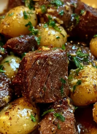 Delicious slow cooker garlic butter beef bites with potatoes in a savory sauce