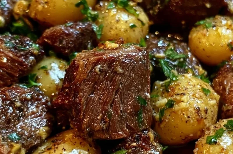 Delicious slow cooker garlic butter beef bites with potatoes in a savory sauce