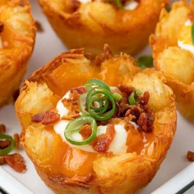 Loaded tater tot cups filled with gooey cheese, perfect party appetizer.