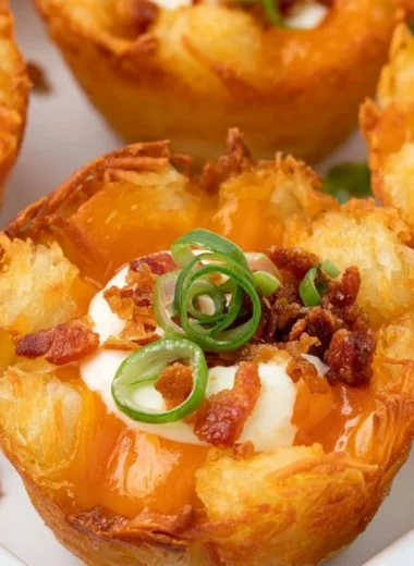Loaded tater tot cups filled with gooey cheese, perfect party appetizer.