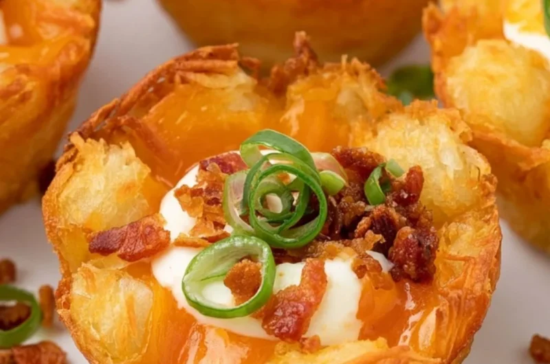 Loaded tater tot cups filled with gooey cheese, perfect party appetizer.
