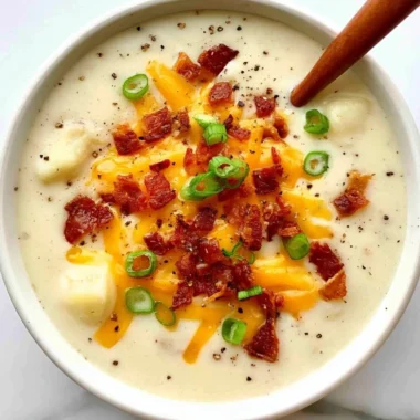 Bowl of creamy loaded potato soup garnished with crispy bacon and cheddar cheese