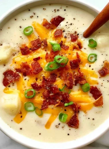 Bowl of creamy loaded potato soup garnished with crispy bacon and cheddar cheese