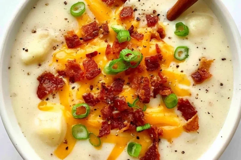 Bowl of creamy loaded potato soup garnished with crispy bacon and cheddar cheese